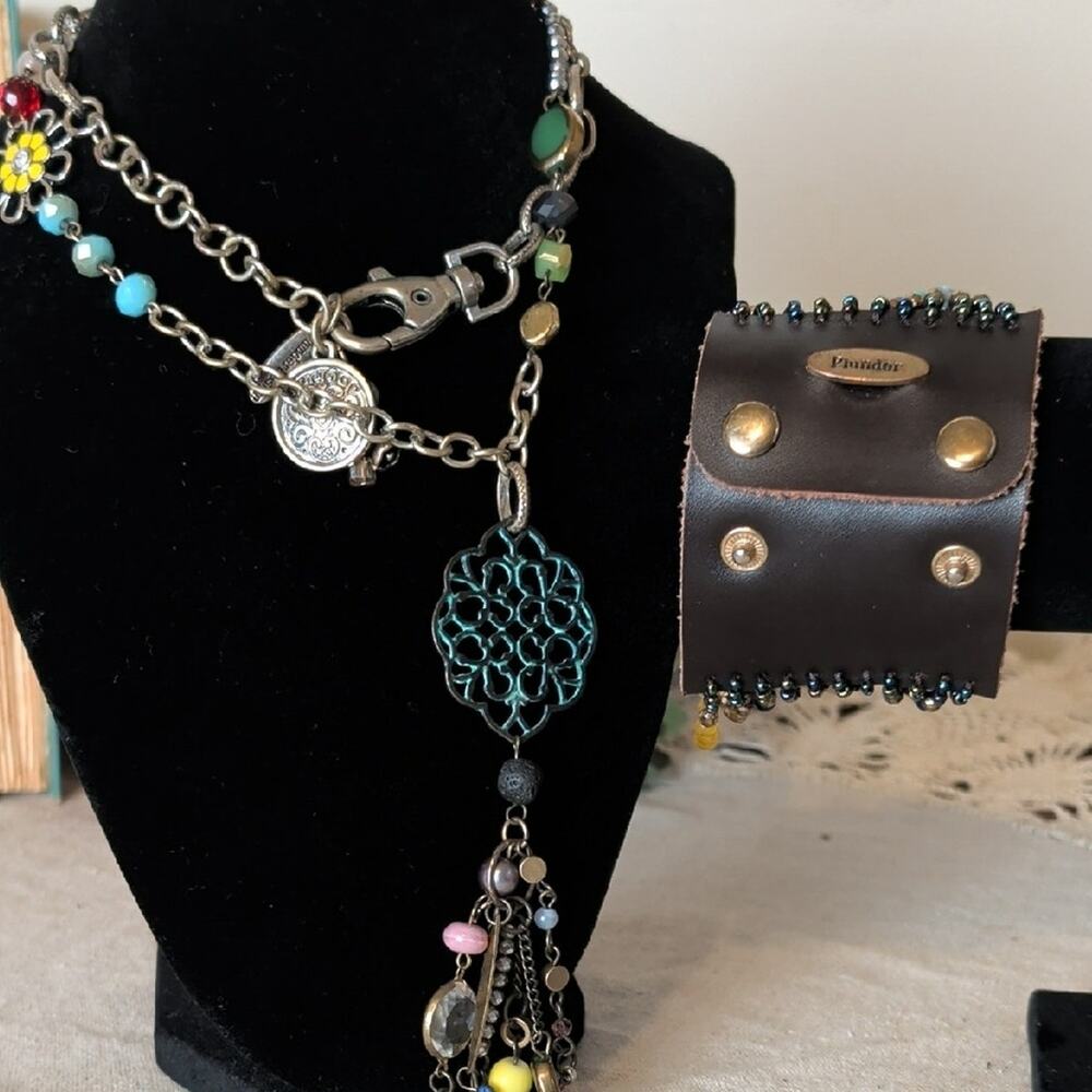 Plunder Boho Charm Necklace & Snap Cuff Bracelet Set Eclectic Festival Jewelry